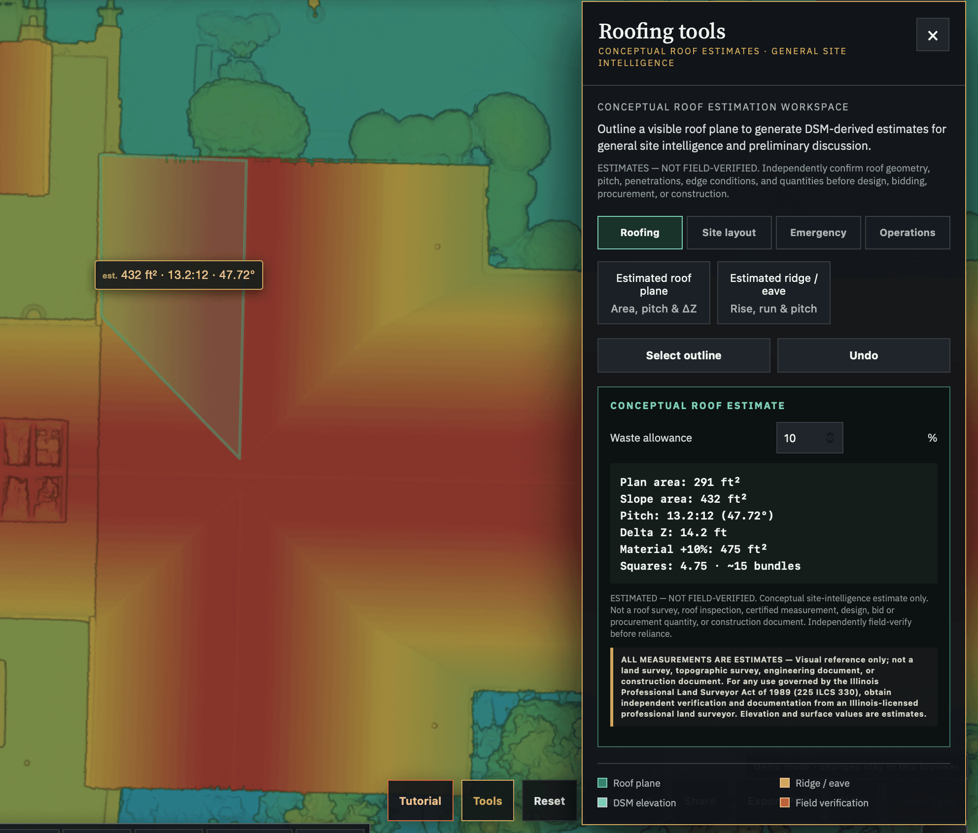 Conceptual roof-estimation demonstration showing area, pitch, and relative delta Z without absolute elevation