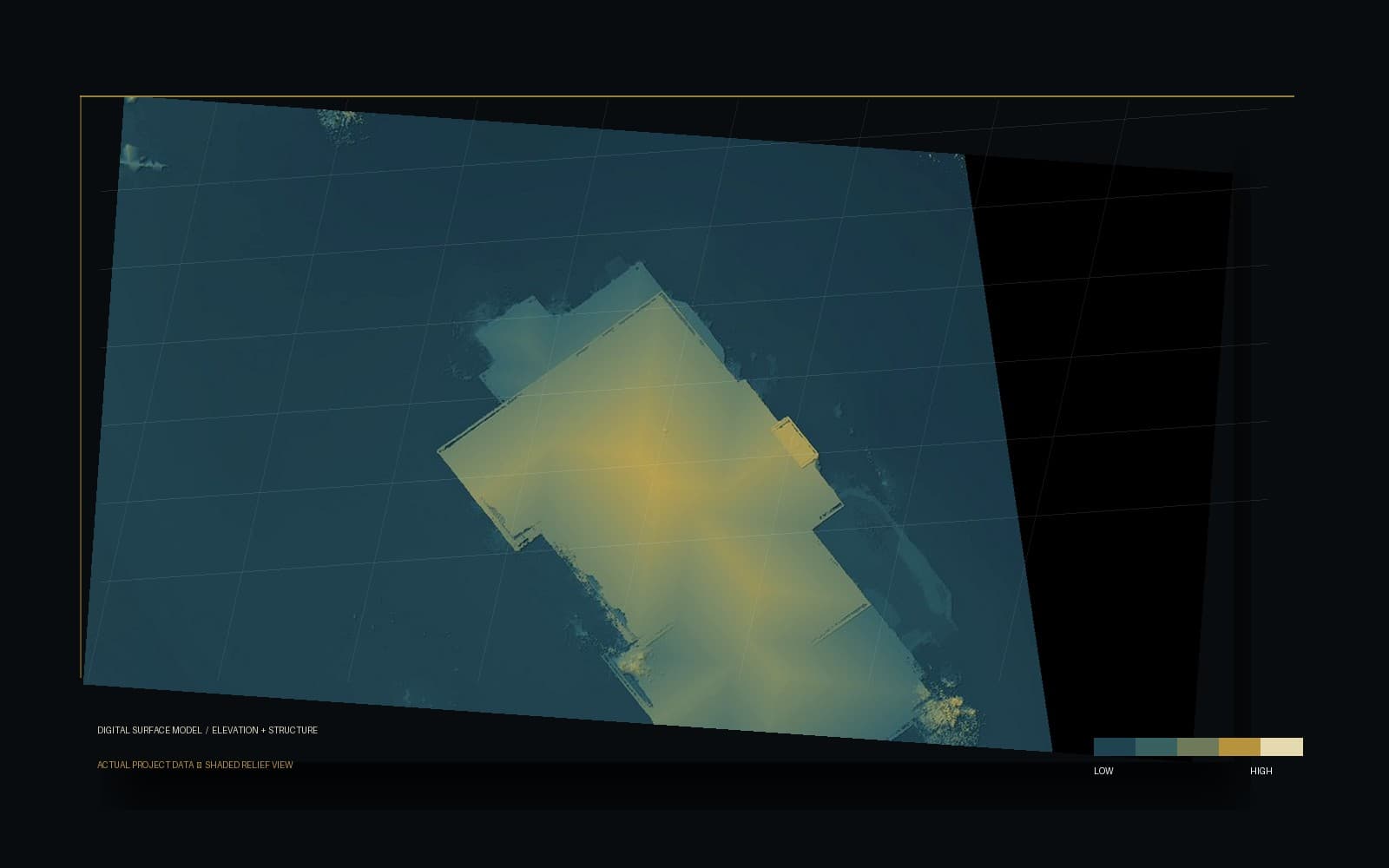 Oblique technical view of a color-shaded digital surface model